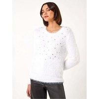 Roman Women's Embellished Fluffy Knit Jumper in Ivory | Size: 14
