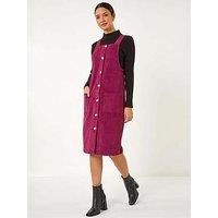 Roman Originals Corduroy Pinafore Midi Dress for Women UK - Ladies Everyday Autumn Winter Square Neckline Comfy Soft Evening Vacation Work Party Night Out - Wine - Size 12