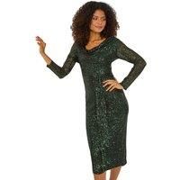 Dusk Fashion Dusk Sequin Cowl Neck Pencil Stretch Dress in Dark Green 10 female