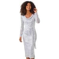 Dusk Fashion Dusk Sequin Cowl Neck Pencil Stretch Dress in Silver - Size 12 12 female