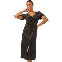 Roman Velvet Ruched Front Stretch Midi Dress for Women UK - Ladies Autumn Everyday Winter Holiday V-Neckline Comfy Short Sleeve Soft Bodycon Frock Dinner Date Gowns - Black - Size 14