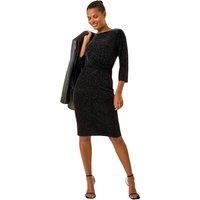 Roman Velvet Bodycon Midi Dress for Women UK - Ladies Autumn Everyday Winter Holiday Round Neckline Comfy 3/4 Sleeve Soft Drape Detail Frock Dinner Date Gowns - Black - Size 14