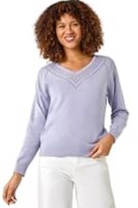 Roman Originals Border Hotfix V-Neck Jumper for Women UK - Ladies Everyday Autumn Winter V-Neckline Comfy Soft Evening Vacation Work Party Night Out - Lilac - Size 16