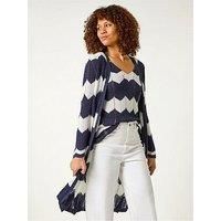 Roman Chevron Stripe Shimmer Longline Cardigan in Navy 12 female