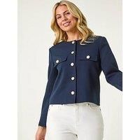 Roman Petite Petite Collarless Button Up Jacket in Navy 10 female