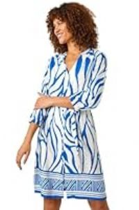 Roman Originals Abstract Border Tie Shirt Dress for Women UK - Ladies Everyday Holiday Spring Summer V-Neckline Comfy Soft Evening Vacation Work Party - Royal Blue - Size 20