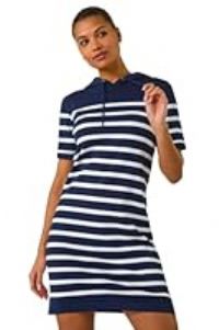 Roman Originals Stripe Hooded Knit Dress for Women UK - Ladies Everyday Holiday Spring Summer Notch Neckline Comfy Soft Evening Vacation Work Party - Navy Stripe - Size 12