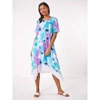 Roman Originals Abstract Print Double Layer Shift Dress for Women UK - Ladies Everyday Holiday Spring Summer Round Neckline Comfy Soft Evening Vacation Work Party - Turquoise - Size 20