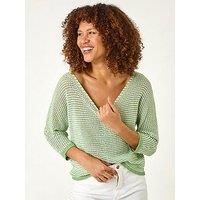 Roman Originals Stitch Detail Knit Jumper for Women UK - Ladies Everyday Autumn Winter V-Neckline Comfy Soft Evening Vacation Work Party Night Out - Green - Size 14