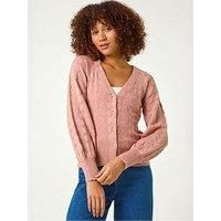 Roman Pointelle Detail Knit Cardigan for Women UK - Ladies Autumn Everyday Winter Holiday V-Neckline Comfy Long Sleeve Soft Button Up Jumper Office Desk Sweaters - Biscuit - Size L
