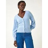 Roman Pointelle Detail Knit Cardigan for Women UK - Ladies Autumn Everyday Winter Holiday V-Neckline Comfy Long Sleeve Soft Button Up Jumper Office Desk Sweaters - Blue - Size M