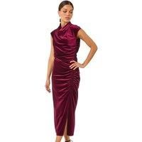 Roman High Neck Velvet Midi Dress for Women UK - Ladies Autumn Everyday Winter Holiday Short Sleeve Soft Split Detail Comfy Bodycon Frock Dinner Date Gowns - Wine - Size 14