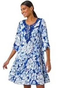 Roman Originals Smock Dress for Women UK Ladies Cotton Summer Embroidered Frilled Tiered Casual Beach Cruise Holiday Cocktail Party 3/4 Sleeve Pull On Gathered Skirt - Floral Blue - Size 16