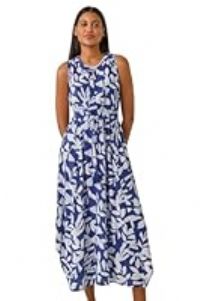 Roman Originals Leaf Print Tie Waist Midi Dress for Women UK - Ladies Everyday Holiday Spring Summer Round Neckline Comfy Soft Evening Vacation Work Party - Navy - Size 18