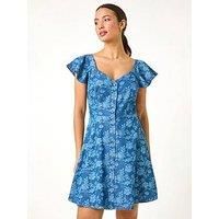 Roman Denim Print Buttoned Mini Dress for Women UK - Ladies Spring Everyday Summer Holiday V-Neckline Comfy Short Sleeve Soft Knee Length Frock Day Our Gowns - Blue - Size 16