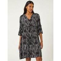 Roman Originals Smock Dress for Women UK Ladies Cotton Summer Embroidered Frilled Tiered Casual Beach Cruise Holiday Cocktail Party 3/4 Sleeve Pull On Gathered Skirt - Abstract Noir - Size 14