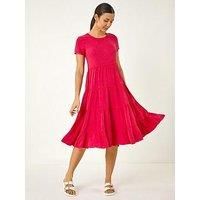 Roman Originals Tiered Smock Midi Dress for Women UK - Ladies Everyday Holiday Spring Summer Round Neckline Comfy Soft Evening Vacation Work Party - Pink - Size 16