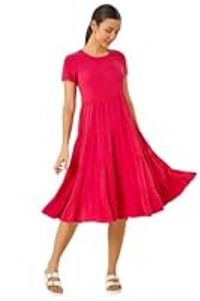 Roman Originals Tiered Smock Midi Dress for Women UK - Ladies Everyday Holiday Spring Summer Round Neckline Comfy Soft Evening Vacation Work Party - Pink - Size 18