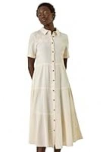 Roman Originals Shirt Dress for Women UK Ladies Short Sleeve Sleeveless Belted Collared Midi Maxi Summer Spring Smart Casual Button Evening Office A Line Swing Skater - Natural - Size 10