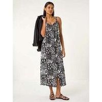 Roman Originals Abstract Gathered Strappy Midi Dress for Women UK - Ladies Everyday Holiday Spring Summer Round Neckline Comfy Soft Evening Vacation Work Party - Black - Size 14