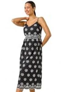 Roman Originals Embroidered Strap Midi Sun Dress for Women UK - Ladies Everyday Holiday Spring Summer V-Neckline Comfy Soft Evening Vacation Work Party - Black - Size 10