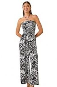 Roman Originals Abstract Print Shirred Bandeau Jumpsuit for Women UK - Ladies Everyday Holiday Spring Summer Bandeau Neckline Comfy Soft Evening Vacation Work Party - Black - Size 18