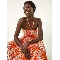 Roman Originals Shirred Bandeau Midi Dress for Women UK - Ladies Everyday Holiday Spring Summer Comfy Soft Evening Vacation Work Party - Orange - Size 12