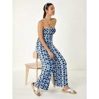 Roman Originals Abstract Print Shirred Bandeau Jumpsuit for Women UK - Ladies Everyday Holiday Spring Summer Bandeau Neckline Comfy Soft Evening Vacation Work Party - Navy - Size 16