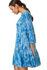 Roman Originals Smock Dress for Women UK Ladies Cotton Summer Embroidered Frilled Tiered Casual Beach Cruise Holiday Cocktail Party 3/4 Sleeve Pull On Gathered Skirt - Blue Tie Dye - Size 16