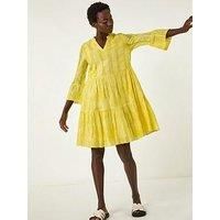 Roman Originals Smock Dress for Women UK Ladies Cotton Summer Embroidered Frilled Tiered Casual Beach Cruise Holiday Cocktail Party 3/4 Sleeve Pull On Gathered Skirt - Yellow Tie Dye - Size 18