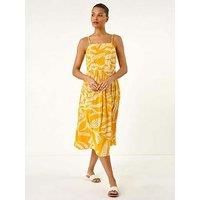 Roman Leaf Print Strap Midi Dress - Yellow