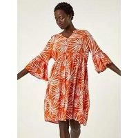 Roman Originals Smock Dress for Women UK Ladies Cotton Summer Embroidered Frilled Tiered Casual Beach Cruise Holiday Cocktail Party 3/4 Sleeve Pull On Gathered Skirt - Orange Patchwork - Size 16