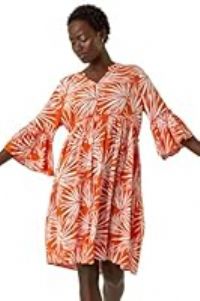 Roman Originals Smock Dress for Women UK Ladies Cotton Summer Embroidered Frilled Tiered Casual Beach Cruise Holiday Cocktail Party 3/4 Sleeve Pull On Gathered Skirt - Orange Patchwork - Size 20