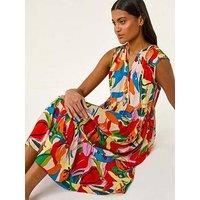 Roman Abstract Print Tiered Midi Dress - Multi