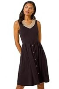 Roman Originals Contrast V-Neck Stretch Midi Dress for Women UK - Ladies Everyday Holiday Spring Summer V-Neckline Comfy Soft Evening Vacation Work Party - Black - Size 16
