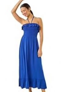 Roman Originals Frill Shirred Bandeau Midi Dress for Women UK - Ladies Everyday Holiday Spring Summer Comfy Soft Evening Vacation Work Party - Blue - Size 18