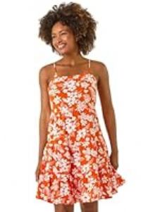 Roman Petite Leaf Print Tiered Stretch Dress for Women UK - Ladies Everyday Holiday Spring Summer Round Neckline Comfy Soft Evening Vacation Work Party - Floral Orange - Size 18