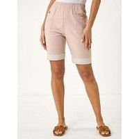 Roman Originals Bengaline Turn Up Stripe Stretch Shorts for Women UK - Ladies Everyday Holiday Spring Summer Comfy Soft Evening Vacation Work Party - Stone - Size 16