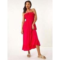 Roman Originals Frill Shirred Bandeau Midi Dress for Women UK - Ladies Everyday Holiday Spring Summer Comfy Soft Evening Vacation Work Party - Pink - Size 20