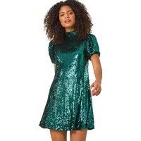 Dusk Fashion Dusk Sequin Puff Sleeve Stretch Shift Dress in Green 10 female