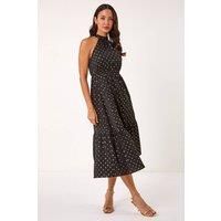 Roman Women Halterneck Midi Dress - Ladies Halter Neckline Maxi Spring Everyday Summer Holiday Sleeveless Soft Tie Waist Detail Keyhole Neck Gown Vacation Frocks - Noir - Size 10