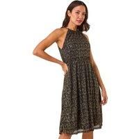 Roman Blouson Halter Neck Stretch Midi Dress for Women UK - Ladies Spring Everyday Summer Holiday Sleeveless Soft Fit & Flare Comfy Woven Frock Dinner Date Gowns - Gold - Size 10
