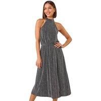 Roman Women Halterneck Midi Dress - Ladies Halter Neckline Maxi Spring Everyday Summer Holiday Sleeveless Soft Tie Waist Detail Keyhole Neck Gown Vacation Frocks - Silver - Size 12