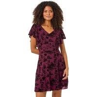Dusk Wine Floral Print Angel Sleeve Mini Dress - Size 10 10 female