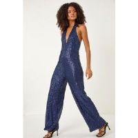 Dusk Fashion Sequin Halterneck Jumpsuit in Blue 16 female