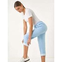 Roman Originals Cropped Stretch Trouser for Women UK - Ladies Capri Pants Summer Leggings 3/4 Three Quarter Pedal Pusher Elasticated Waist Cut Off Contrast Detail Pull On Work - Sky Blue - Size 10