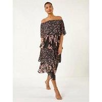 Roman Black Bardot Ditsy Floral Midi Dress - Size 10 10 female