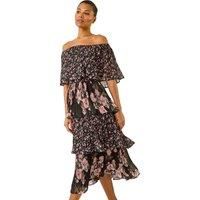 Roman Black Bardot Ditsy Floral Midi Dress - Size 14 14 female