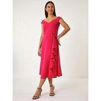 Roman Originals Bardot Ruffle Wrap Dress for Women UK - Ladies Everyday Holiday Spring Summer Comfy Soft Evening Vacation Work Party - Cerise - Size 10