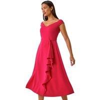 Roman Originals Bardot Ruffle Wrap Dress for Women UK - Ladies Everyday Holiday Spring Summer Comfy Soft Evening Vacation Work Party - Cerise - Size 18